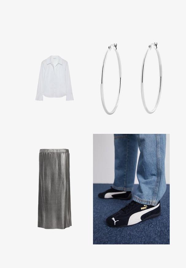 Chemise blanche à manches longues avec col, fermeture à boutons, deux poches poitrine, ourlet droit et manches légèrement évasées, fabriquée en tissu lisse.; Jupe plissée métallique avec une taille élastique ; propose une silhouette fluide en tissu argenté scintillant, mettant en valeur une texture verticale.; Baskets en daim noir avec accents blancs, arborant un logo doré. Portées avec un jean en denim bleu clair et posées sur une surface bleue texturée.; Boucles d'oreilles en argent en forme de hoop, avec une surface lisse et polie et une forme circulaire mince. Le design comprend un fermoir sécurisé.
