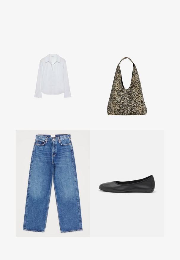 Weißes Langarmhemd mit Kragen, Knopfleiste, zwei Brusttaschen, geradem Saum und leicht ausgestellten Ärmeln aus glattem Stoff.; Denim-Hosen mit weitem Bein in mittlerem Blau mit fünf Taschen, geraden Beinen und Steppnähten. Markenlabel am Bund sichtbar.; Schwarze Leder-Ballettschuhe mit abgerundeter Spitze, glatter Textur, minimalen Nähdetails und einem flexiblen Sohlen-Design.; PULL&BEAR Shopping Bag - mottled dark brown