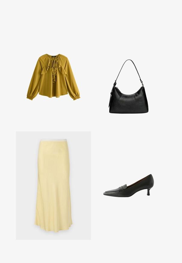 Blouse jaune moutarde à manches longues, devant froncé, col rond et poignets élastiques. Tissu léger avec une coupe fluide.; Jupe midi en satin jaune clair avec une texture lisse, un design évasé et une taille élastique, présentant un léger brillant tout au long.; Chaussure à talons en cuir noir avec un bout pointu et une sangle décorative. Dotée d'un talon stiletto bas et d'une texture lisse.; Sac à main noir en simili cuir avec une forme incurvée, poignée courte, fermeture éclair et un motif texturé subtil sur la surface.