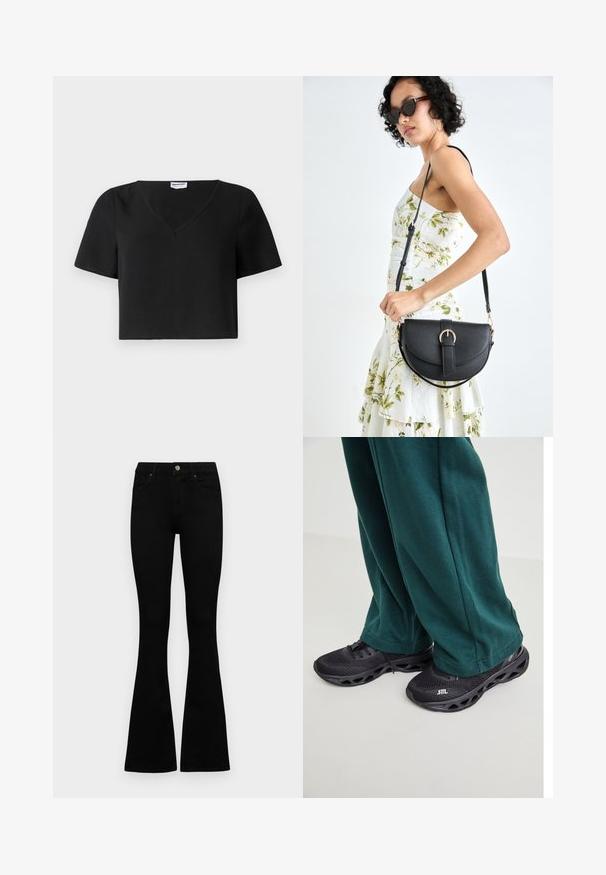 Black cropped top made of textured fabric features a V-neck, short sleeves, and a straight bottom hem. Simple design with minimal accents.; Black high-waist jeans with a button and zip closure, front pockets, and flared legs laid flat on a white background.; Black athletic shoes with a mesh upper, feature a cushioned sole and unique cutouts. Paired with loose green sweatpants.; Black leather handbag with a curved shape, detachable strap, and gold hardware. The bag features a flap with a buckle detail.