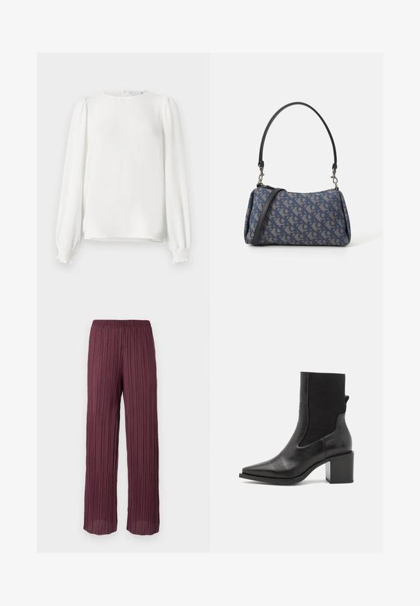 Bluză albă cu mâneci lungi, confecționată dintr-un material ușor, având un guler rotund, mâneci bufante pliate și manșete elastice.; Pantaloni plisati de un burgund profund, cu o talie elastică, având un design fluid cu picioare largi și pliuri verticale pe întreaga lungime.; Cizmă ankle neagră cu vârf ascuțit, fabricată din piele netedă și țesătură elastică. Prezintă un toc pătrat și un design minimalist.; Geantă de mână cu un model albastru, confecționată din țesătură, având o formă curbată, curea din piele neagră și un design al logo-ului într-o nuanță mai deschisă.