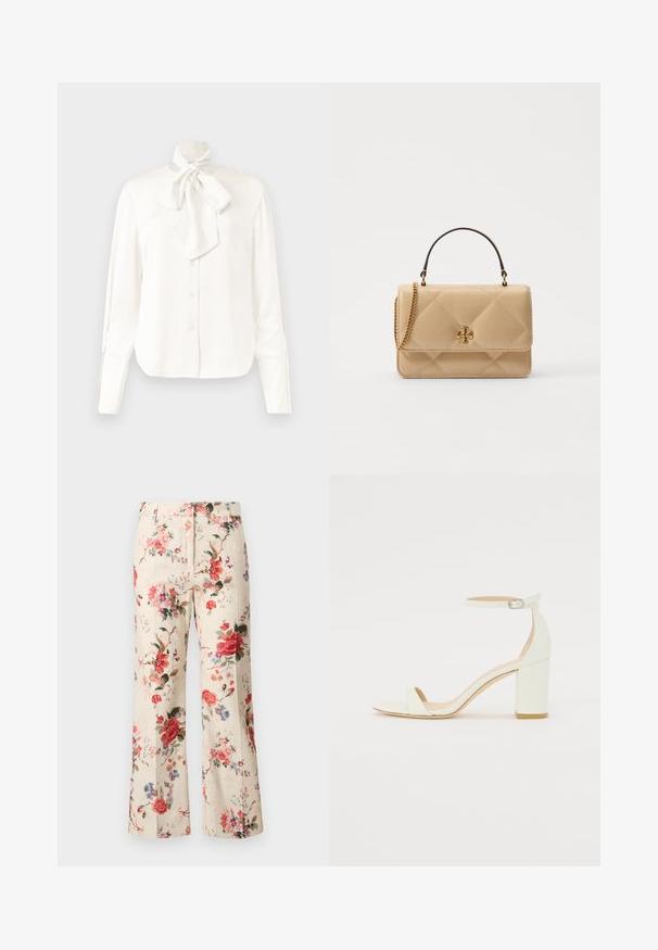 Weißes Langarmbluse aus leichtem Stoff mit hohem Kragen und großem Schleifendetail am Hals, mit einer Knopfleiste vorne.; WEEKEND MaxMara CADMIO - Stoffhose - ivory; Weißes Leder-Sandale mit Blockabsatz, die ein Knöchelriemen mit einer Schnalle und ein minimalistisches Design aufweist. Offene Zehen und glatte Texturen im gesamten Design.; Gepolsterte beige Lederhandtasche mit goldenen Beschlägen, Kettenriemen und einem oberen Griff. Verfügt über einen vorderen Klappdeckel und ein charakteristisches Logodetail.