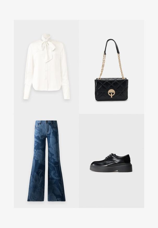 Valkoinen pitkähiha bluus, jossa on kevyt kangas, korkea kaulus ja suuri rusetti yksityiskohtana kaulassa, sekä nappikiristys edessä.; Farkut tummansinisessä sävyssä, joissa on leveä lahje ja tonallinen kukkakuosi. Vakiomallinen viisi taskua, edessä nappi ja vetoketjukiinnitys.; Mustat nahkakengät, joissa on pyöreä kärki, paksu pohja ja koristeellinen nauhankirjaus. Silkkinen pinta ja kontrastiväriset ompeleet näkyvissä.; Musta tikattu nahkakäsilaukku, jossa on kultaketjuolkaimet ja pyöreä solkiyksityiskohta. Kompakti suorakulmainen muotoilu ja sileä pinta.