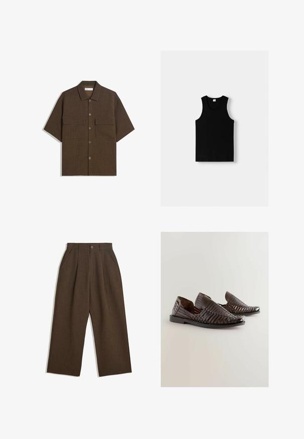 Krátký rukáv, tmavě hnědá košile z texturované látky. Má zapínání na knoflíky a dvě náprsní kapsy. Ležérní design s uvolněným střihem.; Černý tílko s kulatým výstřihem a širokými ramínky. Vyrobeno z měkké látky, s hladkým povrchem a jednoduchým designem.; Hnědé skládací kalhoty s širokým střihem, vybavené zapínáním na knoflík a bočními kapsami, vyrobené z texturované tkaniny vhodné pro volnočasové nošení.; Hnědé pletené kožené sandály na slip-on s otevřenou špičkou, s hladkým povrchem, plochou podrážkou a zaobleným designem pro pohodlí.