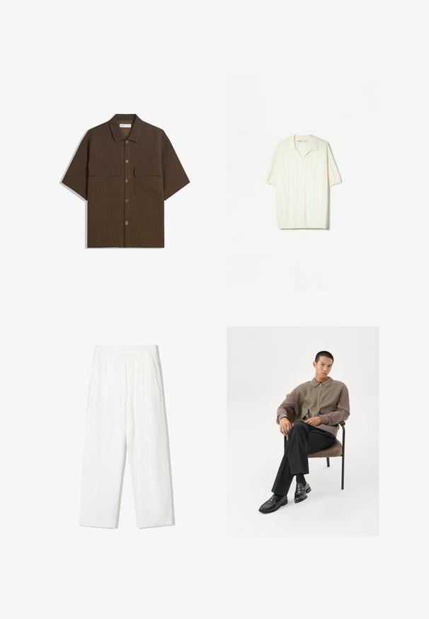 Chemise à manches courtes, marron foncé, en tissu texturé. Présente un devant boutonné et deux poches poitrine. Design décontracté avec une coupe ample.; Pull à manches courtes en tricot crème avec des rayures verticales, un col décontracté et des détails côtelés à l'ourlet pour une texture.; Pantalons blancs à jambes larges en tissu texturé. Dotés d'une taille élastique et de deux poches latérales. Design décontracté et coupe ample.; Veste zippée pour homme aux teintes terreuses, avec un tissu texturé et des poches surdimensionnées. Pantalons noirs ajustés et mocassins noirs brillants.