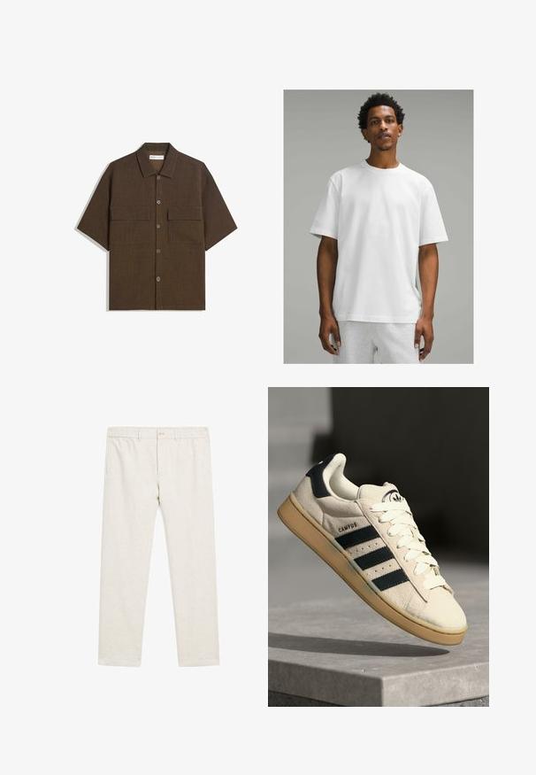 Camicetta a manica corta di colore marrone scuro realizzata in tessuto testurizzato. Presenta una chiusura a bottoni e due tasche sul petto. Design casual con vestibilità rilassata.; T-shirt bianco in cotone a maniche corte, collo rotondo, vestibilità rilassata. Texture liscia, design semplice, senza motivi o accenti visibili.; Pantaloni in lino beige con taglio dritto, vita elastica, chiusura con bottone e tasche laterali, caratterizzati da una finitura testurizzata sottile.; Sneaker in suede beige con tre strisce blu scuro, lacci bianchi e suola in gomma beige. Presenta un logo sulla linguetta e il testo "CAMPUS".