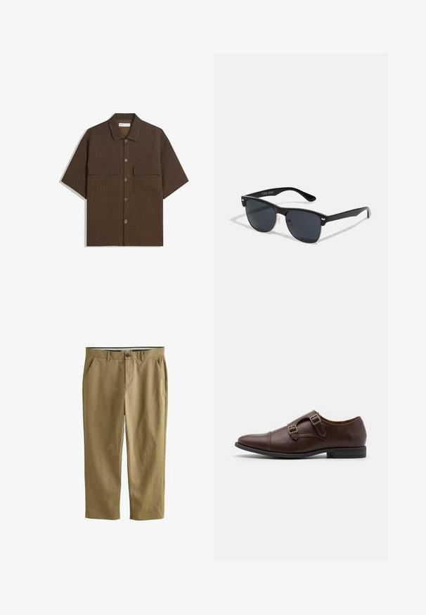 Camicetta a manica corta di colore marrone scuro realizzata in tessuto testurizzato. Presenta una chiusura a bottoni e due tasche sul petto. Design casual con vestibilità rilassata.; Chino color khaki realizzati in cotone misto, dotati di due tasche laterali, chiusura con bottone, gambe dritte e una texture liscia.; Scarpa da dress in pelle marrone con punta affusolata, caratterizzata da due fibbie regolabili e un design elegante e a profilo basso. Suola in gomma nera piatta.; Occhiali da sole neri con forma rettangolare, lenti scure, dettagli in argento alle tempie e finitura opaca sulla montatura.
