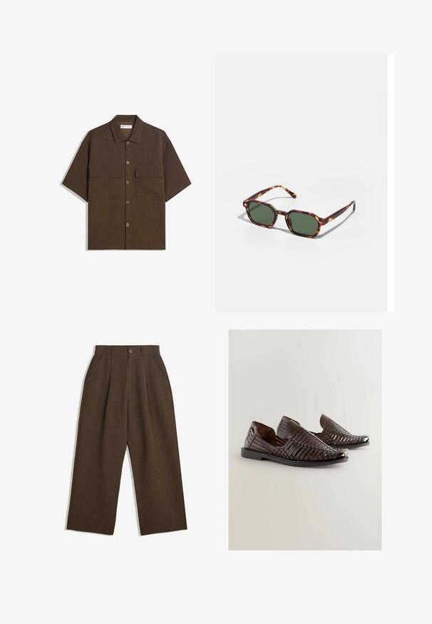 Short-sleeve, dark brown shirt made of textured fabric. Features a button-down front and two chest pockets. Casual design with a relaxed fit.; Brown pleated trousers with a wide-leg design, featuring a button closure and side pockets, made of textured fabric suitable for casual wear.; Brown woven leather slip-on shoes with an open toe, featuring a smooth surface, flat sole, and a rounded design for comfort.; Tortoiseshell sunglasses with green lenses, featuring an octagonal shape and slim, curved arms. Material has a glossy finish.