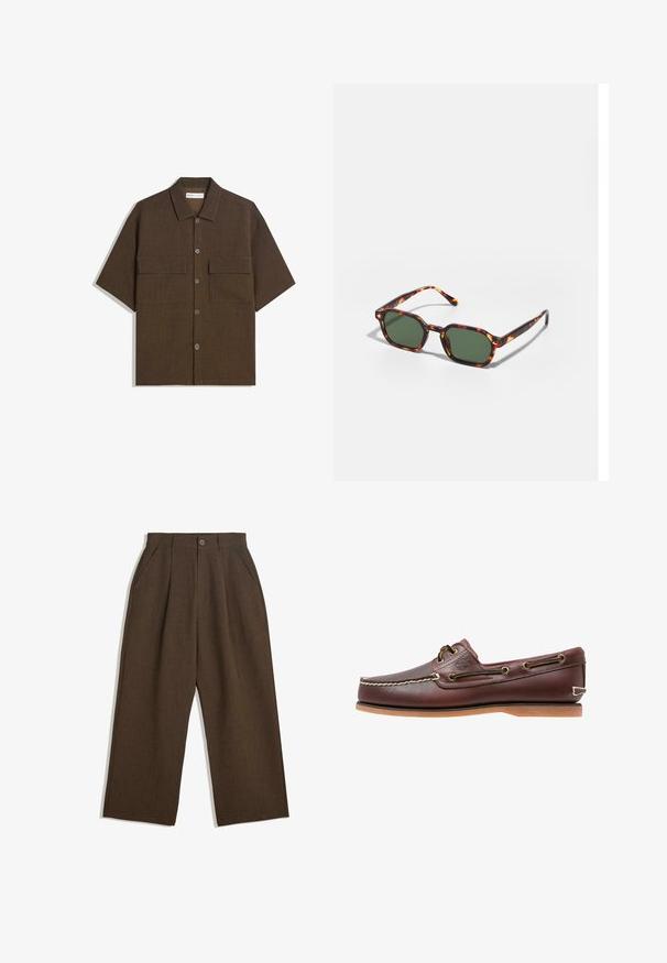 Koszula z krótkim rękawem, ciemnobrązowa, wykonana z fakturowanej tkaniny. Posiada zapięcie na guziki z przodu oraz dwie kieszenie na piersi. Casualowy design z luźnym krojem.; Brązowe spódnie z plisami w szerokim kroju, z zapięciem na guziki i bocznymi kieszeniami, wykonane z teksturowanej tkaniny, idealne na codzienne okazje.; Brązowy skórzany but żeglarski z białymi szwami, brązowymi sznurowadłami i beżową gumową podeszwą. Posiada logo z boku i metalowe oczka na sznurowadła.; Okulary przeciwsłoneczne w kolorze żółwim z zielonymi soczewkami, o ośmiokątnym kształcie i cienkich, zakrzywionych ramionach. Materiał ma błyszczące wykończenie.