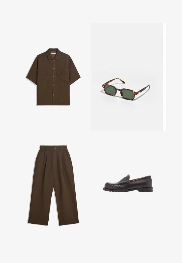 Kratka majica s kratkimi rokavi, temno rjave barve, izdelana iz teksturiranega materiala. Ima gumbno zapiranje in dve žepek na prsih. Prijeten slog z ohlapnim krojem.; Svetlo rjave plisirane hlače širokega kroja, z gumbom za zapiranje in stranskimi žepi, izdelane iz teksturirane tkanine, primerne za vsakodnevno nošenje.; Rjavi usnjeni mokasini z zaobljenim vrhom, šivanim detajlom in nizkim gumijastim podplatom. Gladka površina z rahlim leskom.; Očalna okvir iz želvje školjke z zelenimi lečami, ki ima osemkotno obliko in tanke, zakrivljene ročke. Material ima sijajno površino.