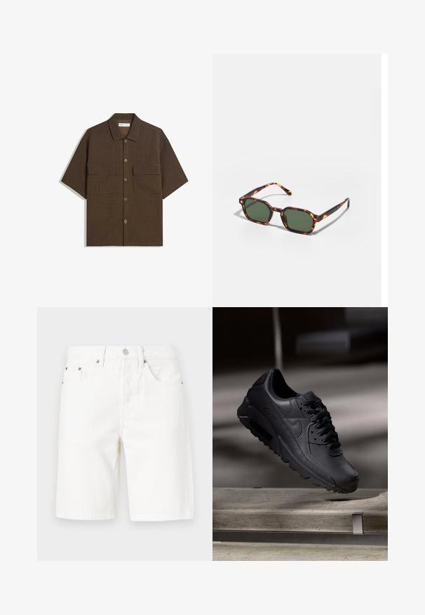 Korte mouwen, donkervogel shirt van textuurstof. Voorzien van een knoopsluiting aan de voorkant en twee borstzakken. Casual ontwerp met een relaxte pasvorm.; Witte denim shorts met een rechte snit, voorzien van een knoopsluiting aan de voorkant, vijf zakken en subtiele stiksels.; Zwarte Nike Air Max sneakers met een bovenwerk van gestructureerd leer, rubberen zool en een opvallend vetersysteem, dat een strakke, moderne uitstraling heeft.; Tortoiseshell zonnebrillen met groene glazen, met een octagonaal formaat en slanke, gebogen armen. Materiaal heeft een glanzende afwerking.