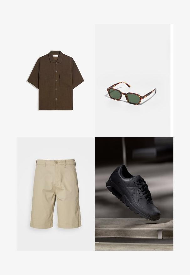 Korte mouwen, donkervogel shirt van textuurstof. Voorzien van een knoopsluiting aan de voorkant en twee borstzakken. Casual ontwerp met een relaxte pasvorm.; Beige katoenen shorts met een rechte snit, knoopsluiting, riemlussen en twee zijzakken. Glad textuur en knielange ontwerp.; Zwarte Nike Air Max sneakers met een bovenwerk van gestructureerd leer, rubberen zool en een opvallend vetersysteem, dat een strakke, moderne uitstraling heeft.; Tortoiseshell zonnebrillen met groene glazen, met een octagonaal formaat en slanke, gebogen armen. Materiaal heeft een glanzende afwerking.