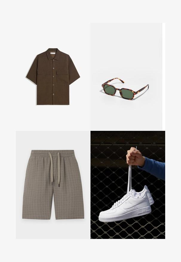 Kortærmet, mørkebrun skjorte lavet af tekstureret stof. Har en knaplukning foran og to brystlommer. Casual design med en afslappet pasform.; Brune, strukturerede shorts med elastisk talje og justerbar snor; har et blødt, let stof og et ternet mønster.; Hvide lædersneakers med perforeringer, rund tå, flad sål og tykke snørebånd, med et synligt swoosh-logo og "AIR" på hælen.; Skildpaddefarvede solbriller med grønne linser, der har en oktagonal form og slanke, buede arme. Materialet har en blank finish.