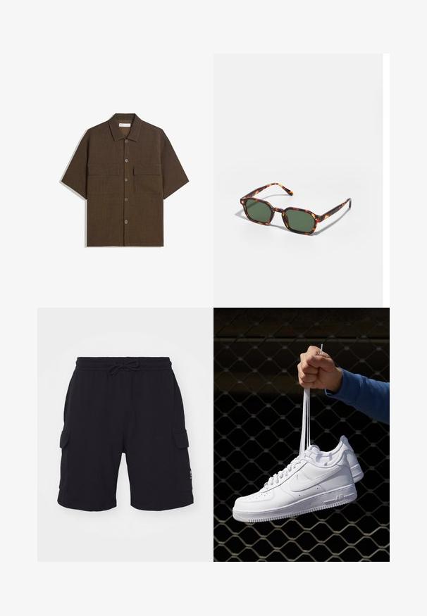 Rövid ujjú, sötétbarna, texturált anyagból készült ing. Gombos elülső része van, valamint két mellzsebe. Hétköznapi dizájn, laza szabású.; Fekete cargo rövidnadrág elasztikus derékkal és zsinórral. Két oldalsó zsebbel és egy kis logóval rendelkezik a jobb oldalon.; Fehér bőr sportcipők perforációval, kerek orral, lapos talppal és vastag fűzőkkel, látható swoosh logóval és "AIR" felirattal a sarokrészen.; Tortoise mintás napszemüveg zöld lencsékkel, nyolcszögletű kialakítással és vékony, ívelt karokkal. Az anyag fényes felületű.
