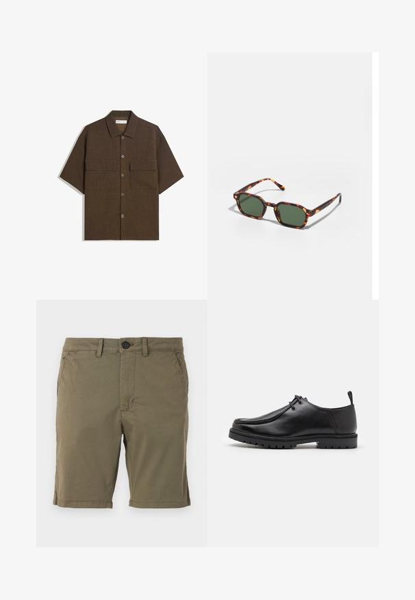 Rövid ujjú, sötétbarna, texturált anyagból készült ing. Gombos elülső része van, valamint két mellzsebe. Hétköznapi dizájn, laza szabású.; Olíva zöld rövidnadrág, pamutkeverék anyagból, gombos záródással, elülső zsebekkel és finom varrási részletekkel rendelkező, hemzsebeltszélességű aljjal.; Fekete bőr cipő, fűzős kivitelben, strapabíró talppal és saroknál húzófüllel, oldalnézetből, fehér háttér előtt.; Tortoise mintás napszemüveg zöld lencsékkel, nyolcszögletű kialakítással és vékony, ívelt karokkal. Az anyag fényes felületű.