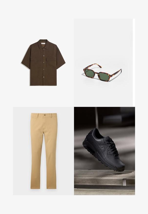 Short-sleeve, dark brown shirt made of textured fabric. Features a button-down front and two chest pockets. Casual design with a relaxed fit.; Khaki trousers made of cotton, featuring a straight leg design, front pockets, a button closure, and subtle fabric texture.; Black Nike Air Max sneakers with a textured leather upper, rubber sole, and prominent lacing system, showcasing a sleek, modern design.; Tortoiseshell sunglasses with green lenses, featuring an octagonal shape and slim, curved arms. Material has a glossy finish.