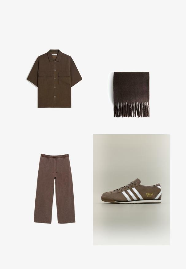 Korte mouwen, donkervogel shirt van textuurstof. Voorzien van een knoopsluiting aan de voorkant en twee borstzakken. Casual ontwerp met een relaxte pasvorm.; Bruine katoenen joggingbroek met een elastische tailleband, verstelbaar trekkoord, wijde benen en minimale stikseldetails.; Bruine suède sneaker met drie witte strepen, platte rubberen zool, ronde neus en een gouden "adidas Italia" logo aan de zijkant.; Bruine wollen sjaal met een zachte textuur, rechthoekige vorm en franjes aan de randen. Het materiaal lijkt warm en gezellig, ontworpen voor comfort.