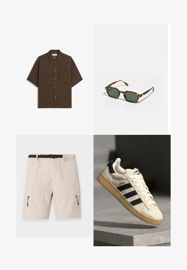 Short-sleeve, dark brown shirt made of textured fabric. Features a button-down front and two chest pockets. Casual design with a relaxed fit.; Beige cargo shorts with an elastic waistband, adjustable black belt, and side zippered pockets. Made of lightweight fabric with a subtle texture.; Beige suede sneaker with three dark blue stripes, white laces, and a tan rubber sole. Features a logo on the tongue and "CAMPUS" text.; Tortoiseshell sunglasses with green lenses, featuring an octagonal shape and slim, curved arms. Material has a glossy finish.
