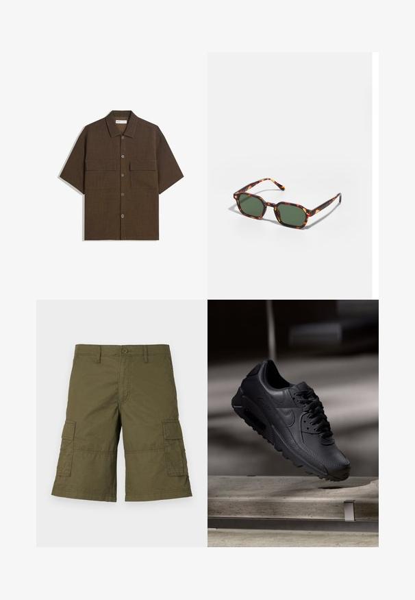 Koszula z krótkim rękawem, ciemnobrązowa, wykonana z fakturowanej tkaniny. Posiada zapięcie na guziki z przodu oraz dwie kieszenie na piersi. Casualowy design z luźnym krojem.; Oliwkowe szorty cargo z guzikiem, wieloma bocznymi kieszeniami i przeszyciami. Wykonane z wytrzymałego materiału o luźnym kroju.; Czarne sneakersy Nike Air Max z teksturowaną skórzaną cholewką, gumową podeszwą i wyraźnym systemem sznurowania, prezentujące nowoczesny, elegancki design.; Okulary przeciwsłoneczne w kolorze żółwim z zielonymi soczewkami, o ośmiokątnym kształcie i cienkich, zakrzywionych ramionach. Materiał ma błyszczące wykończenie.
