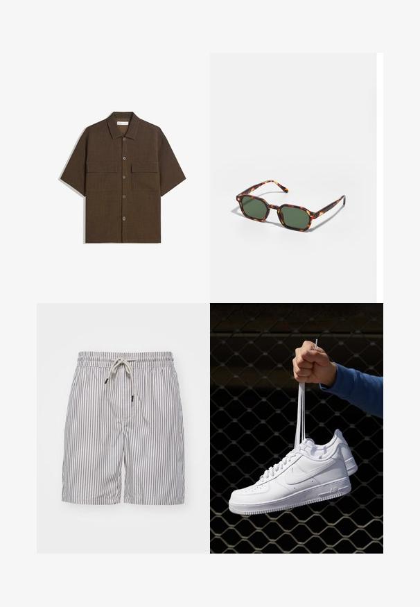 Korte mouwen, donkervogel shirt van textuurstof. Voorzien van een knoopsluiting aan de voorkant en twee borstzakken. Casual ontwerp met een relaxte pasvorm.; Gestreepte zwembroek van lichte stof; beschikt over blauwe verticale strepen, een elastische tailleband met trekkoord en zijzakken.; Witte leren sneakers met perforaties, ronde neus, vlakke zool en dikke veters, met een zichtbare swoosh-logo en "AIR" op de hiel.; Tortoiseshell zonnebrillen met groene glazen, met een octagonaal formaat en slanke, gebogen armen. Materiaal heeft een glanzende afwerking.