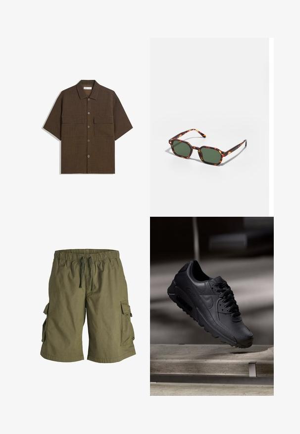 Korte mouwen, donkervogel shirt van textuurstof. Voorzien van een knoopsluiting aan de voorkant en twee borstzakken. Casual ontwerp met een relaxte pasvorm.; Cargo shorts gemaakt van olijfgroen stof, met een elastische tailleband en trekkoord, en zijvakken. Glad textuur, knie-lengte.; Zwarte Nike Air Max sneakers met een bovenwerk van gestructureerd leer, rubberen zool en een opvallend vetersysteem, dat een strakke, moderne uitstraling heeft.; Tortoiseshell zonnebrillen met groene glazen, met een octagonaal formaat en slanke, gebogen armen. Materiaal heeft een glanzende afwerking.