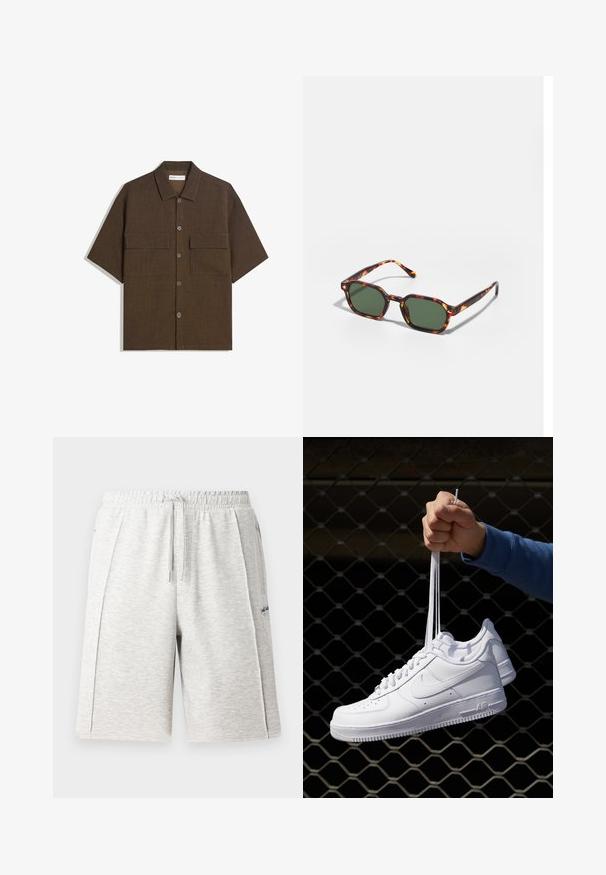 Short-sleeve, dark brown shirt made of textured fabric. Features a button-down front and two chest pockets. Casual design with a relaxed fit.; Light grey, mid-length shorts made of soft material, featuring an elastic waistband with drawstring and side pockets. Subtle logo detail.; White leather sneakers with perforations, round toe, flat sole, and thick laces, featuring a visible swoosh logo and "AIR" on the heel.; Tortoiseshell sunglasses with green lenses, featuring an octagonal shape and slim, curved arms. Material has a glossy finish.