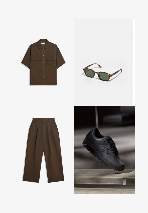 Kratka majica s kratkimi rokavi, temno rjave barve, izdelana iz teksturiranega materiala. Ima gumbno zapiranje in dve žepek na prsih. Prijeten slog z ohlapnim krojem.; Svetlo rjave plisirane hlače širokega kroja, z gumbom za zapiranje in stranskimi žepi, izdelane iz teksturirane tkanine, primerne za vsakodnevno nošenje.; Črne Nike Air Max teniske z teksturirano usnjeno zgornjimi deli, gumijastim podplatom in izstopajočim sistemom vezalk, ki predstavljajo eleganten, sodoben dizajn.; Očalna okvir iz želvje školjke z zelenimi lečami, ki ima osemkotno obliko in tanke, zakrivljene ročke. Material ima sijajno površino.
