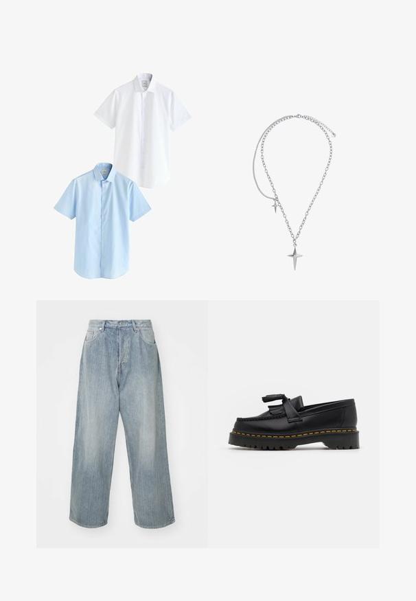 To kortærmede skjorter: en hvid og en lys blå. Begge har knaplukning foran, krave, glat bomuldsstof og standard pasform.; Lysblå denimjeans med løs pasform, høj talje, fem lommer og kontrasterende syninger. Har et lige ben-design og rene sømme.; Sort læderloafer med en frynsedetalje, der har en kraftig sort sål og gul syninger langs kanten. Teksturert overflade.; Heideman LUCA - Halskæder - silberfarben poliert