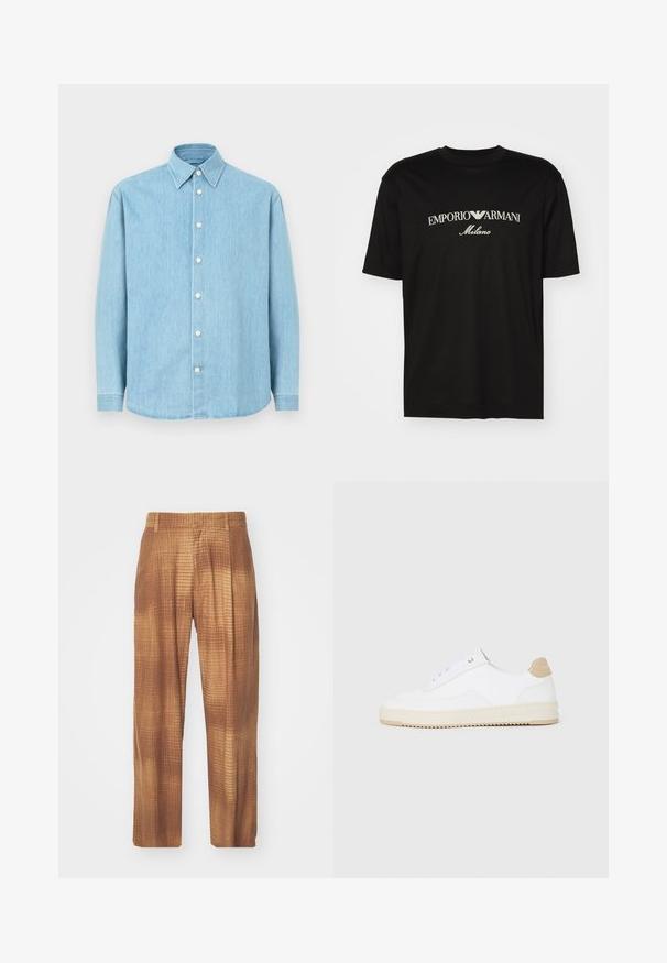 Chemise à manches longues en denim bleu clair avec col pointu et boutons blancs, présentée sur fond uni.; T-shirt en coton noir avec un col rond, des manches courtes et le logo "EMPORIO ARMANI" en blanc au-dessus de "Milano" dans un design incurvé.; Pantalons marron à motif avec une surface texturée, dotés d'une coupe ample et de jambes droites. Le tissu présente un design à carreaux subtil.; Baskets basses blanches avec un dessus en cuir texturé, semelle crémée à stries, et accent de talon tan. Présente des lacets blancs et un logo sur le talon.