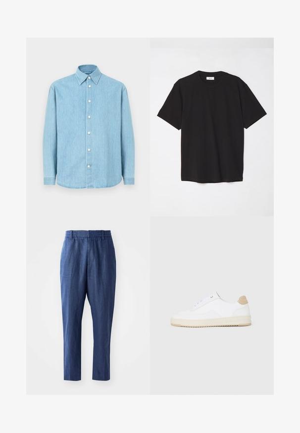 Jasnoniebieska jeansowa koszula z długim rękawem, zapinana na guziki, z ostro zakończonym kołnierzykiem i białymi guzikami, wyeksponowana na jednolitym tle.; Czarna bawełniana koszulka z okrągłym dekoltem, krótkimi rękawami i luźnym krojem. Prosty fason, gładka tekstura, brak widocznych wzorów lub logo.; Granatowe lniane spodnie o luźnym kroju, z elastycznym pasem i zwężanymi nogawkami. Charakteryzują się gładką teksturą i minimalnymi detalami w szwach.; Białe niskie sneakersy z teksturowanej skórzanej cholewce, kremową żłobioną podeszwą i brązowym akcentem na pięcie. Posiadają białe sznurowadła i detal z logo na pięcie.
