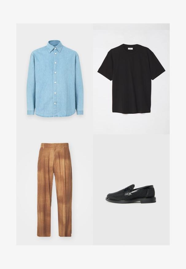 Hellblaues Denim-Hemd mit langen Ärmeln, Knopfleiste und spitzem Kragen, mit weißen Knöpfen, vor einem schlichten Hintergrund präsentiert.; Schwarzes Baumwoll-T-Shirt mit Rundhalsausschnitt, kurzen Ärmeln und lockerer Passform. Einfaches Design, glatte Textur und keine sichtbaren Muster oder Logos.; Braune gemusterte Hosen mit einer strukturierten Oberfläche, die einen lockeren Schnitt und gerade Beine haben. Der Stoff hat ein dezentes Rautenmuster.; Schwarzer geflochtener Slipper mit einem glatten Lederakzent im Obermaterial, einem runden Zehendesign und einer flachen Gummisohle.