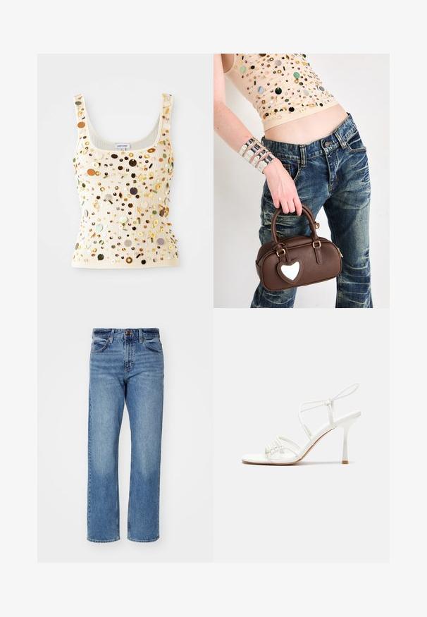 Ribota kreminė liemenė su daugiapalvėmis blizgučiais, įskaitant auksines, žalias ir rudas akcentus, su kvadratiniu iškirpimu ir siaurais petnešomis.; Šviesiai mėlyni tiesūs džinsai pagaminti iš džinsinio audinio. Yra penki kišeniai, klasikinis mygtuko užsegimas ir subtilus išblukimas visame audinyje.; Baltas dirželis su aukštu kulnu sandalai su plokščiu pirštu, tekstūruota priekinė dalis su susiraukšlėjimais ir plonas kulkšnies dirželis.; Ruda odinė rankinė su širdies formos akcentu, apvalaus dizaino, auksinėmis detalėmis, laikoma rankoje; derinama su nusidėvėjusiais džinsais ir karoliukais dekoruotu viršumi.; Aukso spalvos žiedo auskarai, ploni ir apvalūs, su lygiu metaliniu paviršiumi be papuošimų ar raštų.