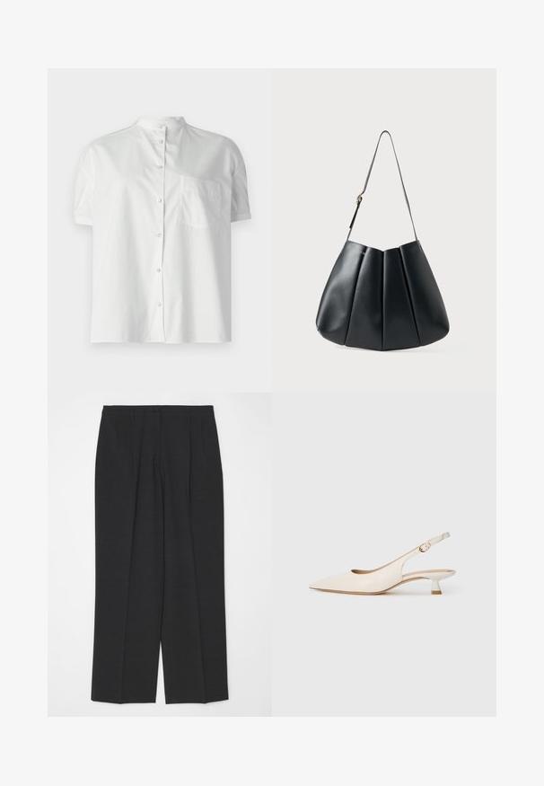 White short-sleeve shirt with a mandarin collar, front buttons, and a single chest pocket. Made from smooth fabric with a slight sheen.; Dark gray tailored trousers with a straight-leg cut, featuring a single button closure and two front pleats, smooth texture, and no embellishments.; Cream-colored pointed-toe slingback shoe with low kitten heel and gold buckle on plain white background.; Black leather shoulder bag with pleated design, smooth texture, single strap, and a subtle gold hardware accent.
