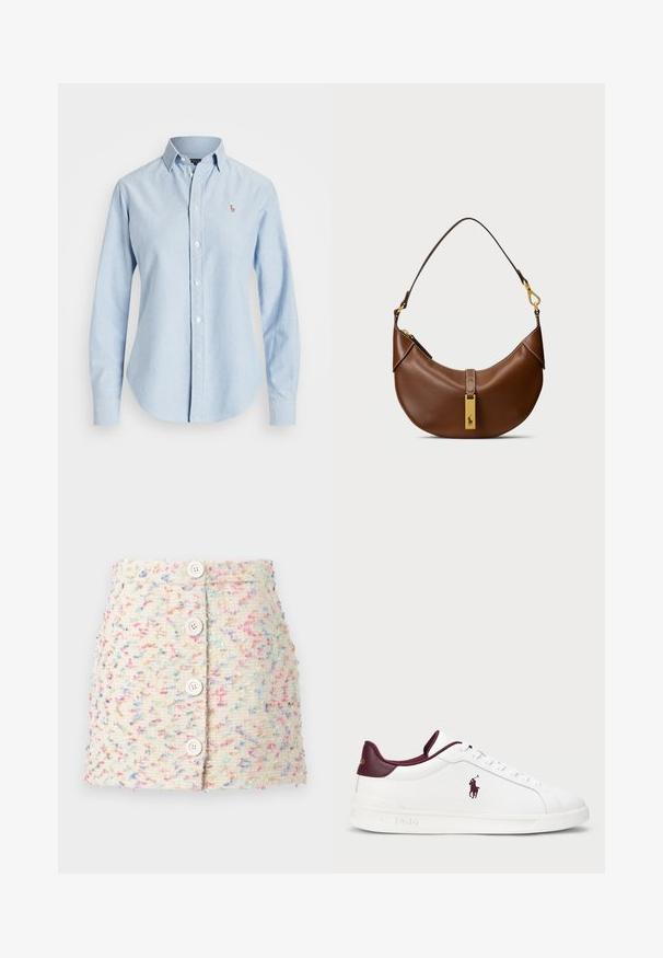 Hele sinine puuvillane särk, millel on pikad varrukad, terav krae ja väike broderi logo vasakul rinnal.; Kootud kangast mini-seelik heleses kreemjas värvitoonis, millel on värvilised täpid. Omab nelja suurt valget nupuvajutust ees ning tekstuurset pinda.; Valge nahast tennisekenks burgundiaaktsentidega, ümmargune nina, reljeefne logo ja lamedad paelad. Tekstuuriga tald ja siledad pinnad.; Pruun nahkne õlakott, millel on kumer kuju, kuldne riistvara, ülemise klapi detail ja logo aktsent. Sile tekstuur ja õmmeldud servad.