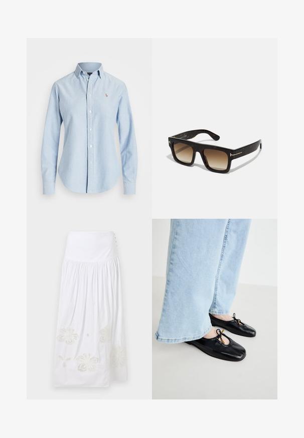 Camicia azzurro chiaro con bottoni, realizzata in cotone, con maniche lunghe, colletto a punta e un piccolo logo ricamato sul lato sinistro del petto.; sandro SKIRT  - Gonna lunga - ecru; Ballerine in pelle nera con punta arrotondata, dotate di ritaglio e dettaglio a fiocco, indossate con jeans a gamba larga blu chiaro.; Occhiali da sole tartarugati con montatura quadrata, lenti marroni sfumate e sottili dettagli in oro sugli steli.