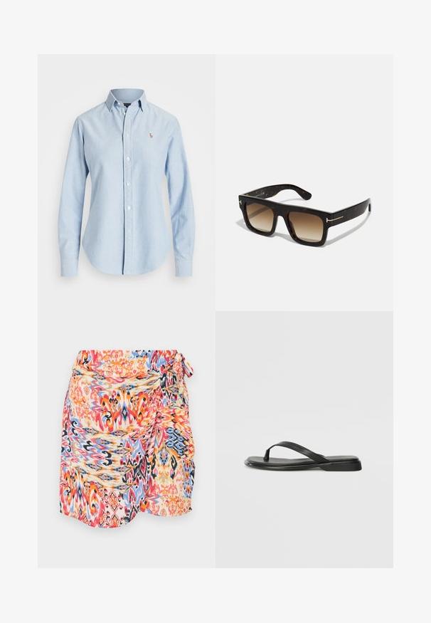 Šviesiai mėlyna medvilninė marškinėlių palaidinė, su ilgomis rankovėmis, smailiu apykakle ir mažu siuvinėtų logotipu kairėje krūtinės pusėje.; Spalvota, raštuota apvalkalo sijonas su sukinių dizainais raudonos, mėlynos, oranžinės ir geltonos spalvų, su šoniniu rišimu ir minkšta, lengva medžiaga.; Juodos šlepetės, pagamintos iš lygios odos, su plona dirželių konstrukcija ir plokščiu padu, turinčiu minimalų profilį. Be pastebimų raštų ar akcentų.; Šaltiukės akiniai su kvadrato forma, gradientinėmis rudos spalvos lęšiais ir subtiliais auksiniais detaliais ant šventyklų.; Ruda suedinė piniginė su dviem minkštais rankenomis, vertikaliu dirželiu su sidabriniu akcentu ir plačiu, atviru viršumi. Lygi tekstūra, minimalistinis dizainas.