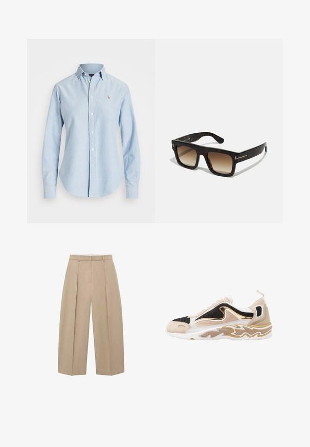 Hellblaues Button-Down-Hemd aus Baumwolle mit langen Ärmeln, spitzem Kragen und kleinem gesticktem Logo auf der linken Brust.; Beige, weit geschnittene Hosen hängen vertikal, mit vorderen Falten und einem flachen Bund, der einen neutralen und eleganten Stil zur Schau stellt.; Sneaker mit schwarzem Mesh-Obermaterial, sandfarbenen Wildlederakzenten und einem goldenen Metallic-Detail. Verfügt über eine weiße Sohle mit einem Wellenmuster.; Schildpatt-Sonnenbrille mit quadratischem Rahmen, braunen verlaufenden Gläsern und subtilen goldfarbenen Hardware-Details an den Bügeln.