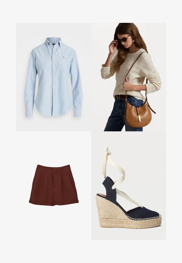 Vaaleansininen nappikauluspaita, joka on valmistettu puuvillasta. Paidassa on pitkät hihat, terävä kaulus ja pieni brodeerattu logo vasemmassa rinnassa.; Burgundin väriset shortsit, jotka on valmistettu sileästä kankaasta. Ne omaavat klassisen muotoilun litteällä etuosalla, sivutaskuilla ja käännetyllä helmalla.; Tummansininen kanvaspohjallinen wedge-sandaali, jossa on espadrille-nauhapohja ja kermaiset nauhat nilkoilla. Suljettu kanta ja pyöreä varvastyylinen muotoilu.; Ruskea nahkainen olkalaukku, jossa on kaareva muoto ja kultaiset yksityiskohdat. Mallilla on päällään vaaleanbeige neulepaita ja siniset farkut.