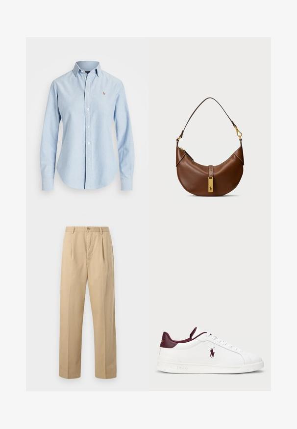 Šviesiai mėlyna medvilninė marškinėlių palaidinė, su ilgomis rankovėmis, smailiu apykakle ir mažu siuvinėtų logotipu kairėje krūtinės pusėje.; Smėlio spalvos tiesios kojų kelnės su diržo kilpelėmis, priekyje sagomis, užtrauktuku ir klostėmis juosmens srityje, pateiktos ant paprasto fono.; Balti odiniai sportbačiai su bordo akcentais, apvaliu priekiniu skyriumi, iškilmingu logotipu ir lygiomis raištelėmis. Textūruotas padas ir lygaus paviršiaus detalės.; Ruda odinė petnešų kuprinė su išlenktu pavidalu, auksinės spalvos detalėmis, viršutiniu užsegimu ir logotipo akcentu. Glotni tekstūra su siūlėmis.