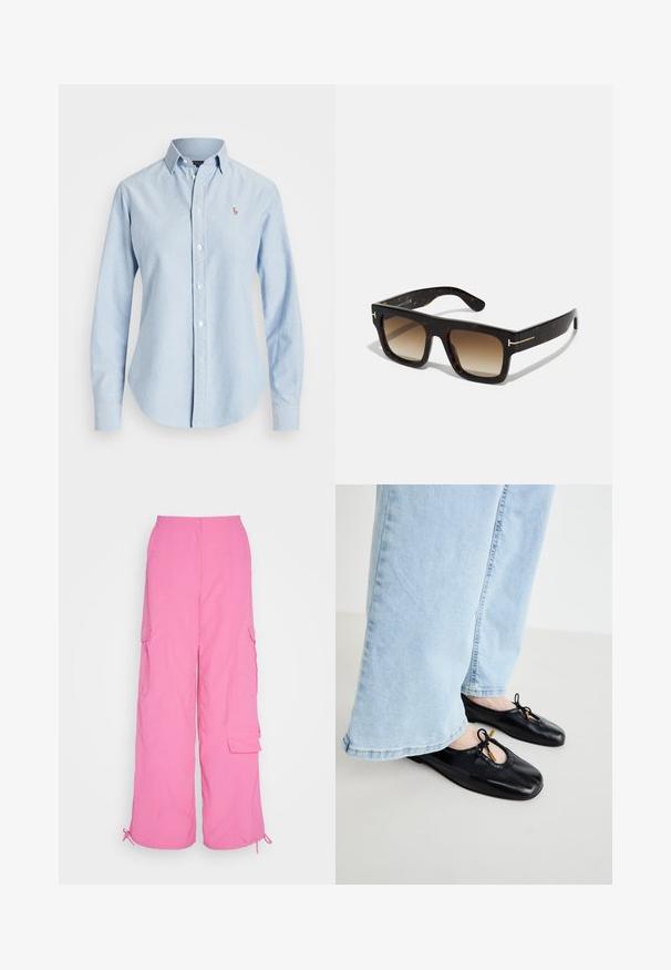 Svetlo modrá košeľa na gombíky vyrobená z bavlny, so zdĺhavými rukávmi, špicatým golierom a malým vyšitým logom na ľavom prsníku.; Ružové cargo nohavice s voľným strihom, zapínaním na gombík, niekoľkými bočnými vreckami a nastaviteľnými manžetami na šnúrku, vyrobené z ľahkého materiálu.; Čierne kožené baletky s okrúhlym prstom, s výrezom a detailom mašle, nosené s svetlomodrými širokými nohavicami.; Želvovinové slnečné okuliare so štvrcovým rámom, prechodovými hnedými sklami a jemnými zlatými detaily na stranách.