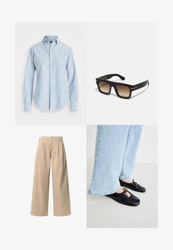 Hele sinine puuvillane särk, millel on pikad varrukad, terav krae ja väike broderi logo vasakul rinnal.; Beežid laiad püksid kahe esiplekkiga, nööpkinnitusega ja sileda tekstuuriga. Designitud mugavuseks ja vabaks istuvuseks.; Mustad nahast balletikingad ümarate tosadega, mis omavad lõikeid ja ripsmeid, kantud helesiniste laia säärega teksadega.; Kilpkonnakuuega prillid, millel on ruudukujuline raam, degradee pruuni objektiivi ja peened kuldsed aksessuaarid templitel.