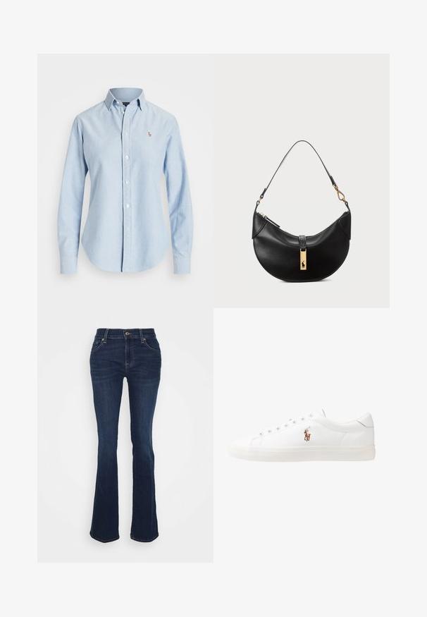 Light blue button-up shirt made of cotton, featuring long sleeves, a pointed collar, and a small embroidered logo on the left chest.; Dark blue flared jeans made of denim; high waist, five pockets, gold hardware accents, and smooth texture with subtle fading at the thighs.; White leather sneakers, low-top design, featuring a smooth texture, round toe, laced front, and a small embroidered logo on the side.; Black leather handbag in a half-moon shape. Features a gold hardware accent and a narrow strap. Smooth texture, zipper closure at the top.