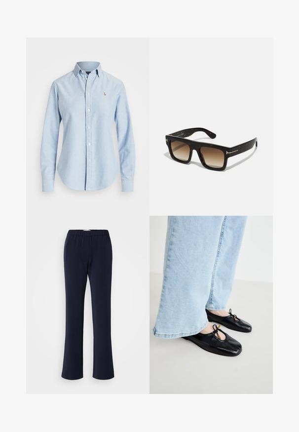 Světle modrá košile na knoflíky vyrobená z bavlny, s dlouhými rukávy, špičatým límcem a malým vyšitým logem na levé hrudi.; Tmavě modré kalhoty s rovnými nohavicemi vyrobené z elastické látky s elastickým pasem a dvěma předními kapsami. Hladká textura, bez viditelných vzorů.; Černé kožené baletky s kulatou špičkou, zdobené výřezem a mašlí, nošené s světle modrými kalhotami s širokými nohavicemi.; Kočičí sluneční brýle s čtvercovým rámem, gradientní hnědé čočky a diskrétní zlaté detaily na spáncích.