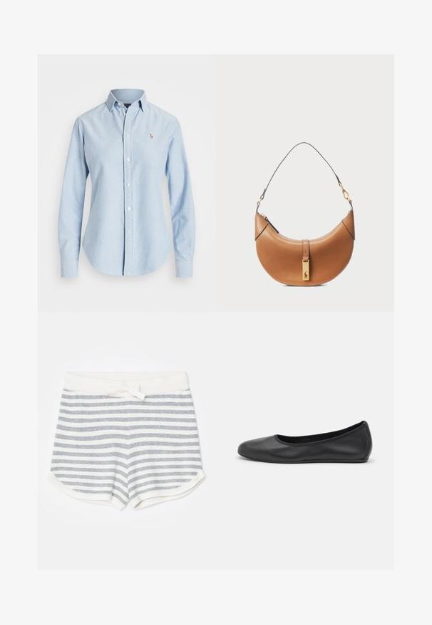 Light blue button-up shirt made of cotton, featuring long sleeves, a pointed collar, and a small embroidered logo on the left chest.; KNITID STRIPE - Shorts - gray; Black leather ballet flat with a rounded toe, smooth texture, minimal stitching detail, and a flexible sole design.; Tan leather handbag with a curved shape, gold hardware, and a thin shoulder strap. Features a zipper closure and logo detail on the front.