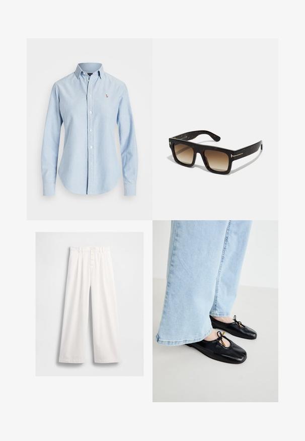 Camicia azzurro chiaro con bottoni, realizzata in cotone, con maniche lunghe, colletto a punta e un piccolo logo ricamato sul lato sinistro del petto.; Pantaloni bianchi a gamba larga realizzati in un tessuto morbido, con vita alta, chiusura frontale con bottone visibile e cuciture ordinate lungo l'orlo.; Ballerine in pelle nera con punta arrotondata, dotate di ritaglio e dettaglio a fiocco, indossate con jeans a gamba larga blu chiaro.; Occhiali da sole tartarugati con montatura quadrata, lenti marroni sfumate e sottili dettagli in oro sugli steli.