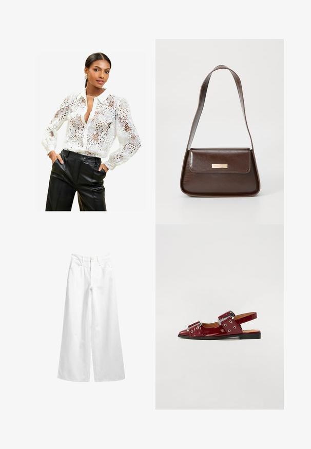 Blusa bianca in pizzo con motivi floreali, colletto e chiusura con bottoni. Tessuto trasparente con maniche lunghe e polsini arricciati.; Pantaloni in denim bianco a gamba larga con vita alta, dotati di chiusura a bottone, passanti per la cintura e due tasche frontali. Tessuto liscio e resistente.; Scarpe slingback in pelle verniciata bordeaux con punta appuntita, caratterizzate da due cinturini regolabili con fibbie e dettagli in metallo argentato.; Borsa a spalla in pelle marrone con una forma strutturata, dotata di chiusura a patta magnetica e un accento di logo metallico sul davanti.
