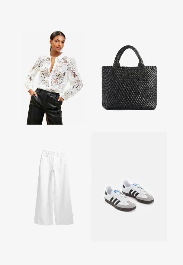 Blusa blanca de encaje con patrones florales, cuello tipo camisa y cierre de botones. Tejido transparente con mangas largas y puños fruncidos.; Pantalones de mezclilla blancos de pierna ancha con una cintura alta, que cuentan con un cierre de botón, presillas para cinturón y dos bolsillos frontales. Textura suave y resistente.; Zapatillas deportivas con parte superior de piel blanca, puntera de ante gris y tres rayas negras. Presentan un logo azul en la lengüeta y una suela de goma texturizada.; Bolso tote tejido negro con dos asas, que presenta una superficie texturizada y una forma rectangular. Diseño simple y único sin hardware visible.