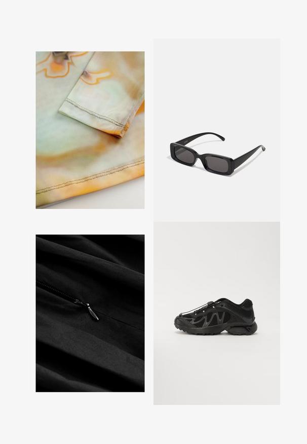 Pehmeä, kevyt kangas, jossa on aaltoileva oranssi ja vihreä kuvio. Hihansuun reunassa on siististi ommeltu sauma.; Musta kangas hienovaraisella tekstuurilla, jossa on vetoketjulukko. Vetoketjassa on metallinen vetonuppi, joka on asetettu sileän, juntatun materiaalin päälle.; Musta urheilusandaalit, joissa on verkkomateriaalia, kaareva muotoilu ja kumipohja. Varustettu joustavilla nauhoilla ja teksturoiduilla yksityiskohdilla pidon parantamiseksi.; Mustat suorakaiteen muotoiset aurinkolasit, joissa tummat linssit, kiiltävä pinta, leveät sangan varret ja massiivinen kehysmuotoilu. Yhden sangansivun kaiverrettu brändinimi.