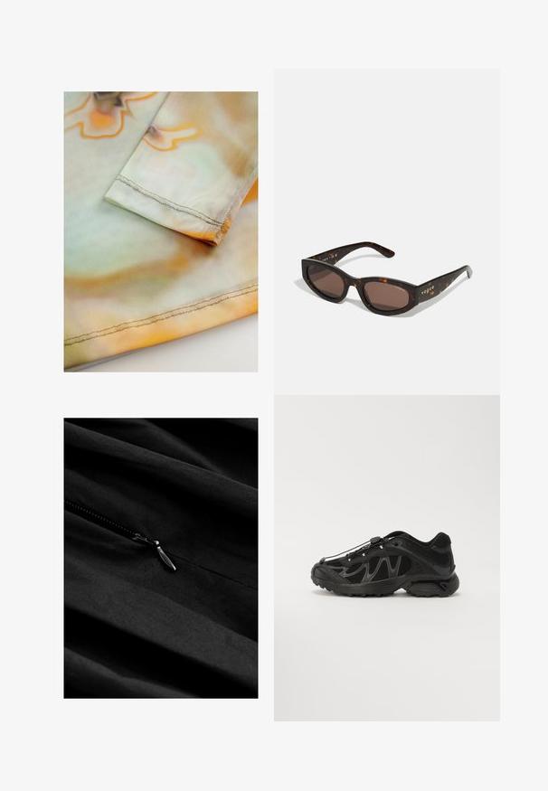 Mehka, lahka tkanina z valovitim oranžnim in zelenim vzorcem. Ima previdno zašito rob na robu rokava.; Črn material z rahlo teksturo, z zadrgo. Zadrga ima kovinski povlekač, postavljen na gladkem, drapiranem materialu.; Črne atletske čevlje z mrežastim zgornjim delom, ukrivljeno zasnovo in gumijastim podplatom. Imajo elastične vezalke in teksturirane detajle za boljši oprijem.; Rjave tortoiseshell sončna očala pravokotne oblike, temno rjave leče in zlato "vogue" blagovno znamko na stranicah.; Črna usnjena hobo torba z mehko, ukrivljeno obliko. Ima širok zgornji ročaj in gube na dnu, kar daje torbi udoben izgled.