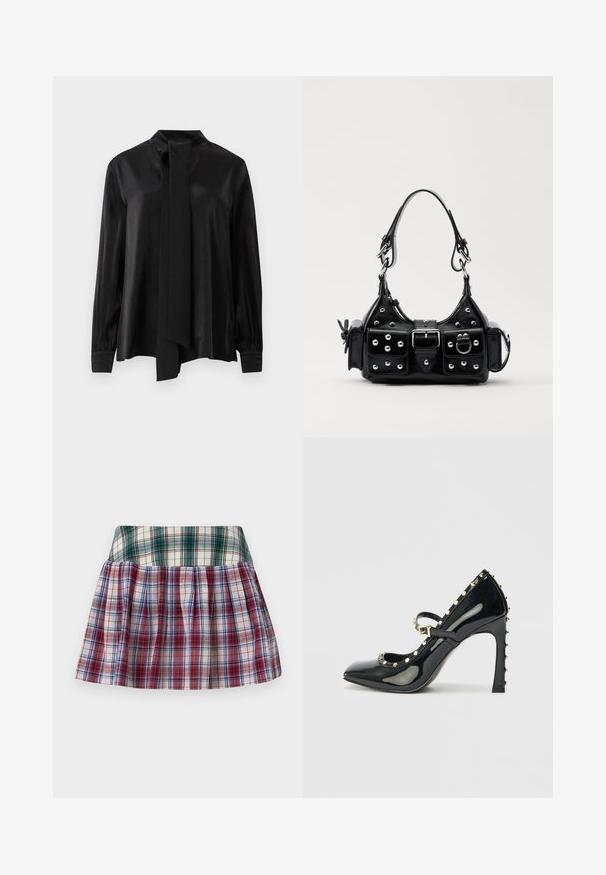 Bluză neagră cu mâneci lungi, guler înalt și cravată lungă atașată, realizată dintr-un material neted, ușor lucios.; Sinead Gorey STRIPED PLEATED MINI SKIRT - Fustă mini - green/red; Sandalete cu toc înalt din piele patent neagră, cu vârf ascuțit, curea pentru gleznă și accente aurii încuiate de-a lungul marginilor.; Geantă de piele neagră cu un design curbat, dotată cu studuri argintii, o cataramă și două buzunare laterale. Curea ajustabilă pentru opțiuni de transport.